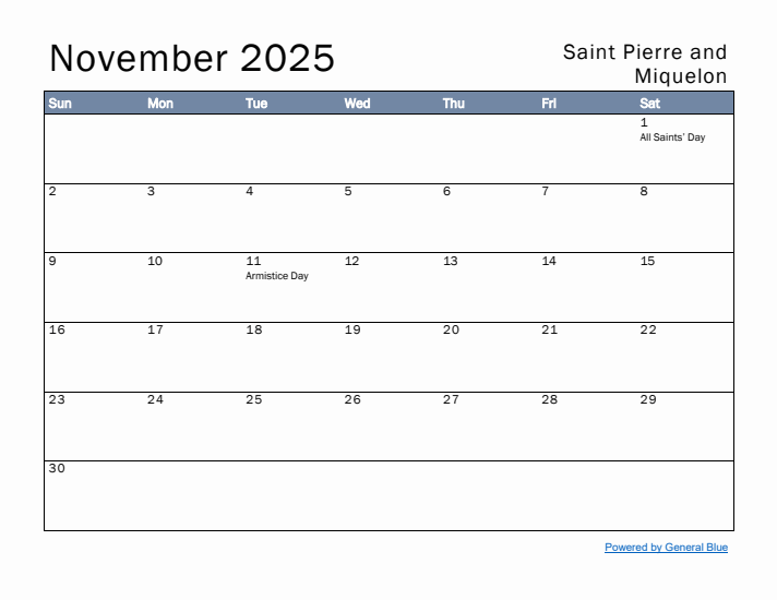 November 2025 Simple Monthly Calendar for Saint Pierre and Miquelon
