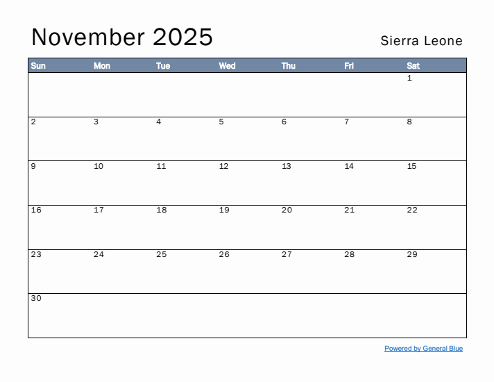 November 2025 Simple Monthly Calendar for Sierra Leone