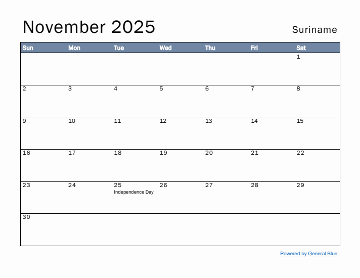 November 2025 Simple Monthly Calendar for Suriname