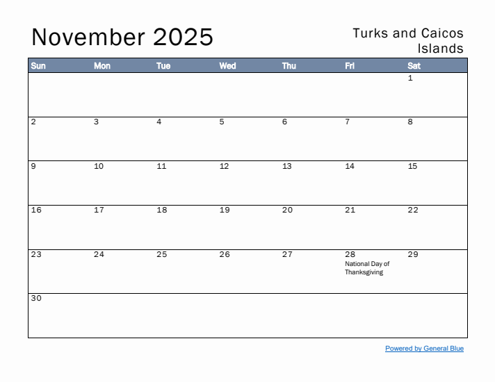 November 2025 Simple Monthly Calendar for Turks and Caicos Islands