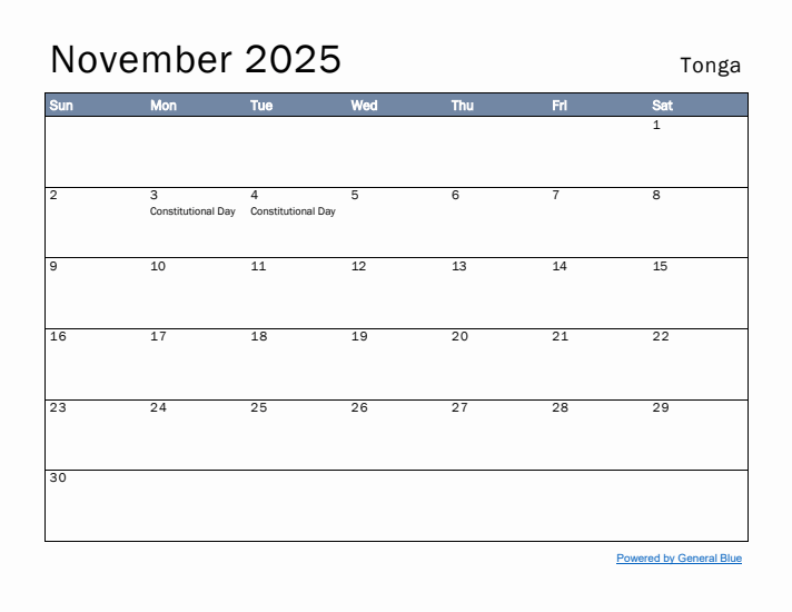 November 2025 Simple Monthly Calendar for Tonga
