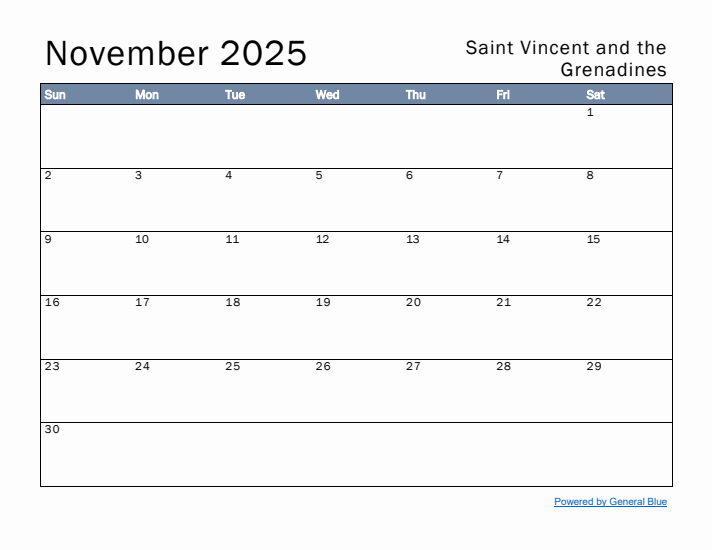 November 2025 Simple Monthly Calendar for Saint Vincent and the Grenadines