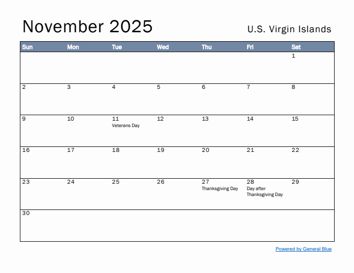 November 2025 Simple Monthly Calendar for U.S. Virgin Islands