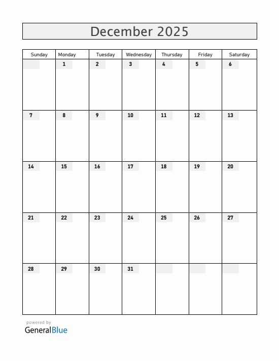 Current month calendar December 2025