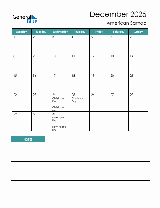 Calendar with Notes Printable - Monday Start