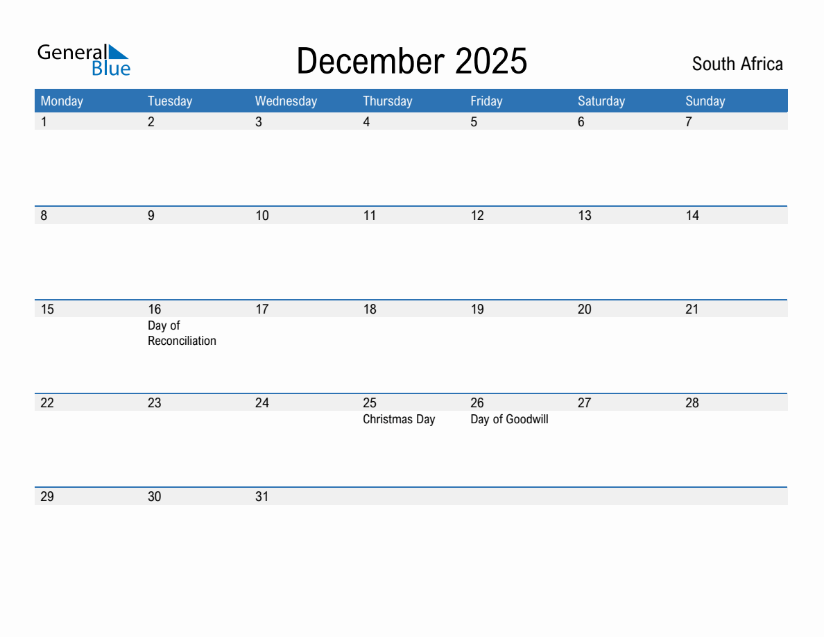 Editable December 2025 Calendar with South Africa Holidays (Monday Start)