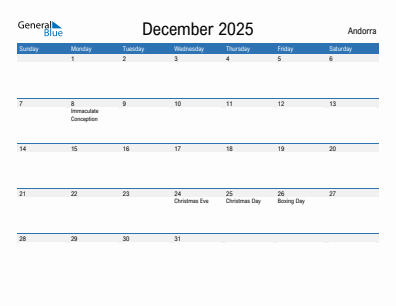 Current month calendar with Andorra holidays for December 2025