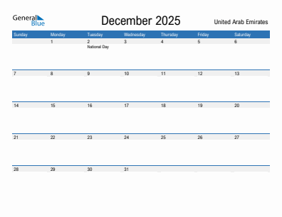 Current month calendar with United Arab Emirates holidays for December 2025