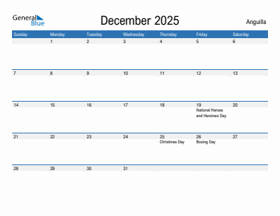 Current month calendar with Anguilla holidays for December 2025