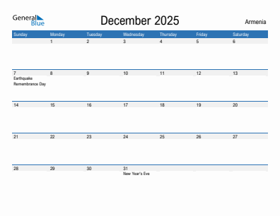 Current month calendar with Armenia holidays for December 2025