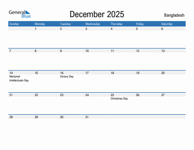 Current month calendar with Bangladesh holidays for December 2025