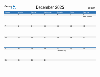 Current month calendar with Belgium holidays for December 2025