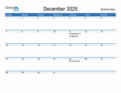 Current month calendar with Burkina Faso holidays for December 2025