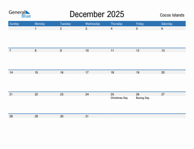 Current month calendar with Cocos Islands holidays for December 2025