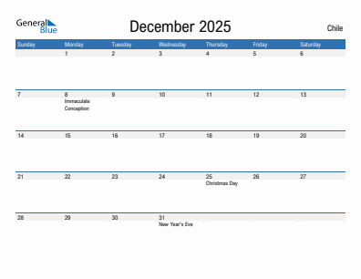 Current month calendar with Chile holidays for December 2025
