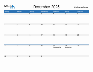 Current month calendar with Christmas Island holidays for December 2025