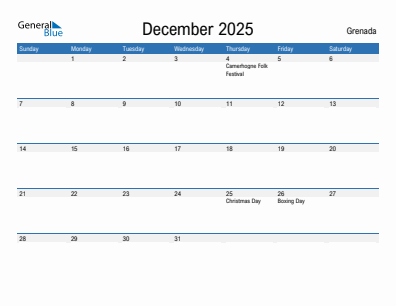 Current month calendar with Grenada holidays for December 2025