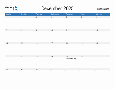 Current month calendar with Guadeloupe holidays for December 2025