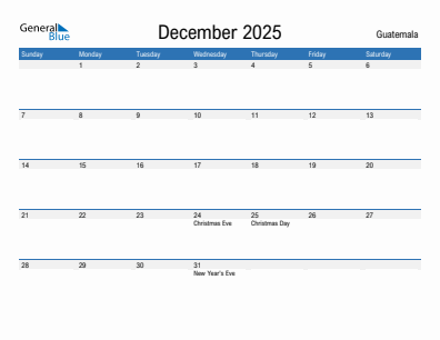Current month calendar with Guatemala holidays for December 2025