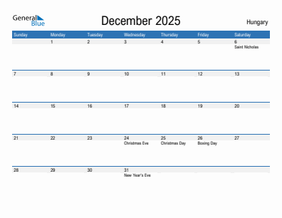 Current month calendar with Hungary holidays for December 2025