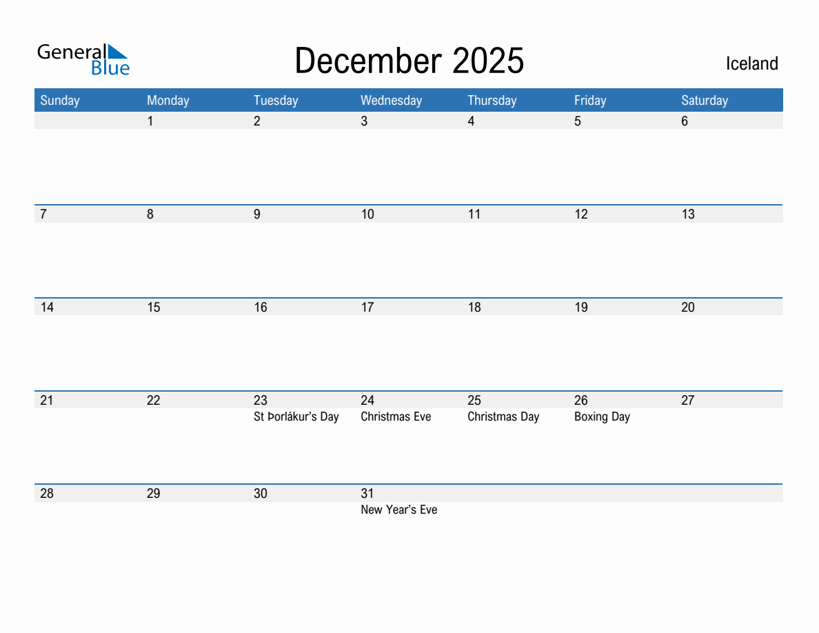 Editable December 2025 Calendar with Iceland Holidays