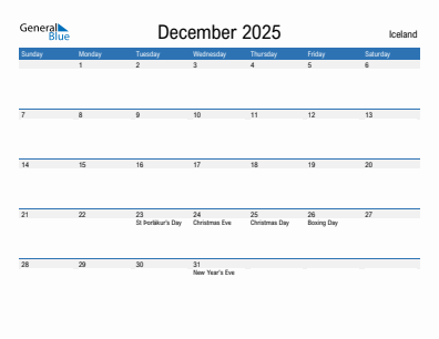 Current month calendar with Iceland holidays for December 2025