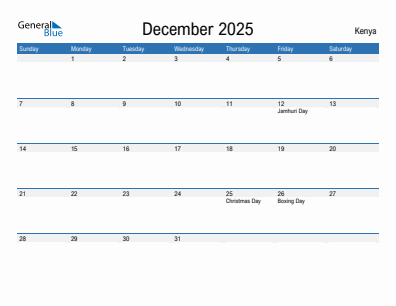 Current month calendar with Kenya holidays for December 2025