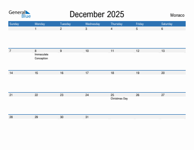 Current month calendar with Monaco holidays for December 2025