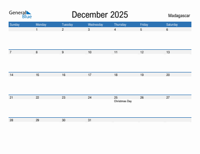 Current month calendar with Madagascar holidays for December 2025