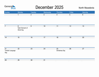 Current month calendar with North Macedonia holidays for December 2025