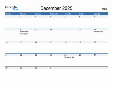 Current month calendar with Malta holidays for December 2025