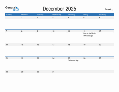 Current month calendar with Mexico holidays for December 2025
