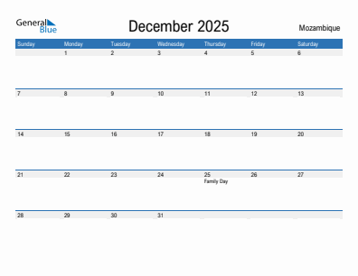 Current month calendar with Mozambique holidays for December 2025