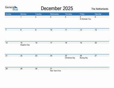 Current month calendar with The Netherlands holidays for December 2025