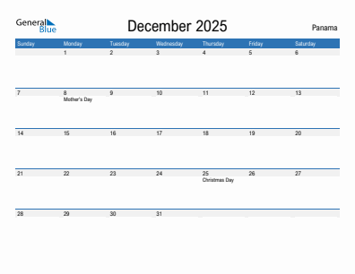 Current month calendar with Panama holidays for December 2025