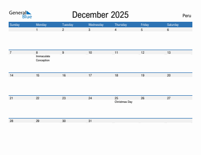 Current month calendar with Peru holidays for December 2025