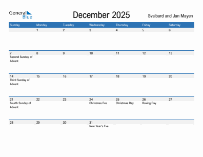 Current month calendar with Svalbard and Jan Mayen holidays for December 2025