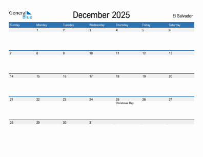 Current month calendar with El Salvador holidays for December 2025