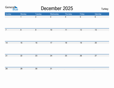 Current month calendar with Turkey holidays for December 2025