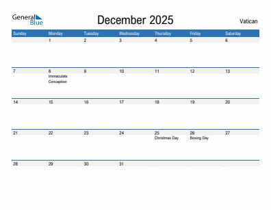Current month calendar with Vatican holidays for December 2025