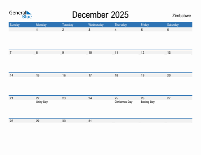Current month calendar with Zimbabwe holidays for December 2025