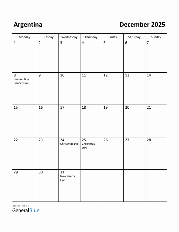 December 2025 Calendar with Argentina Holidays