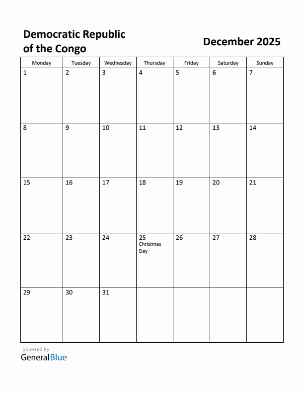 December 2025 Calendar with Democratic Republic of the Congo Holidays