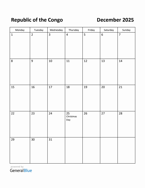 December 2025 Calendar with Republic of the Congo Holidays