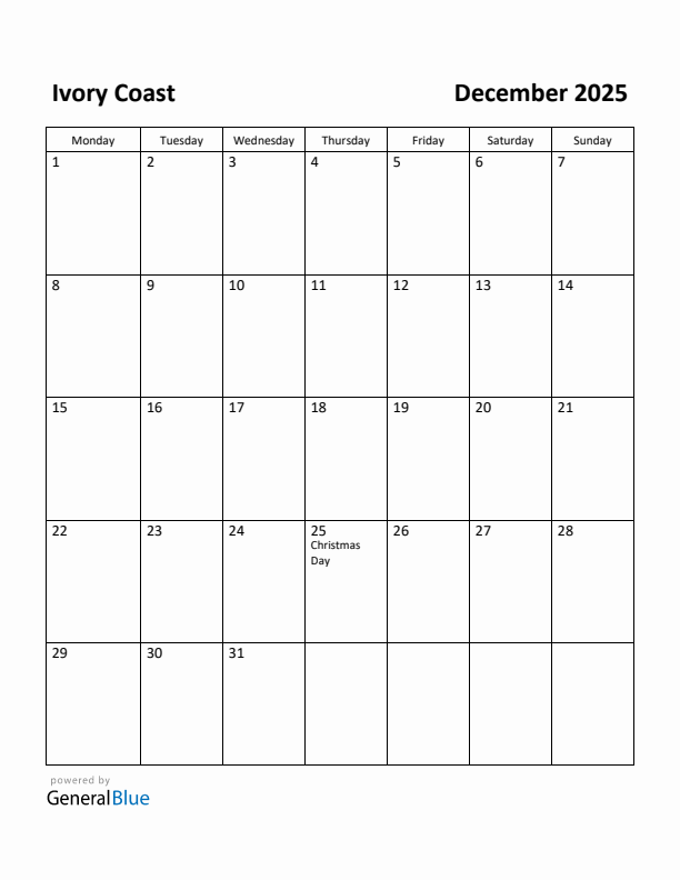 December 2025 Calendar with Ivory Coast Holidays