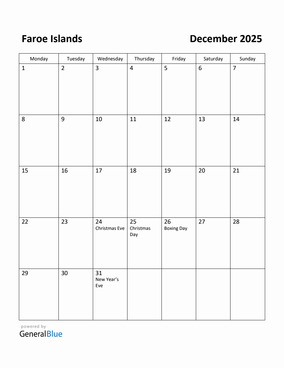Free Printable December 2025 Calendar for Faroe Islands (Monday Start)