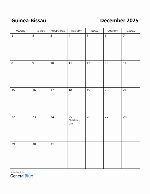 December 2025 Calendar with Guinea-Bissau Holidays