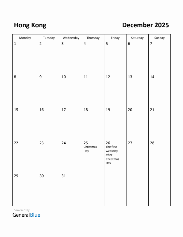 December 2025 Calendar with Hong Kong Holidays