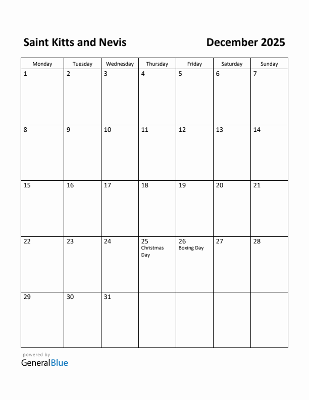 December 2025 Calendar with Saint Kitts and Nevis Holidays
