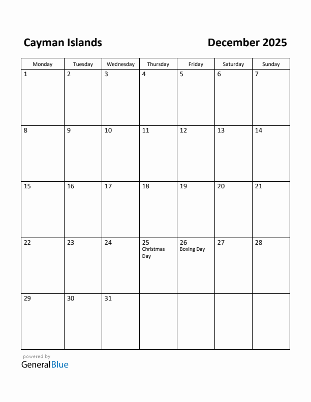 December 2025 Calendar with Cayman Islands Holidays